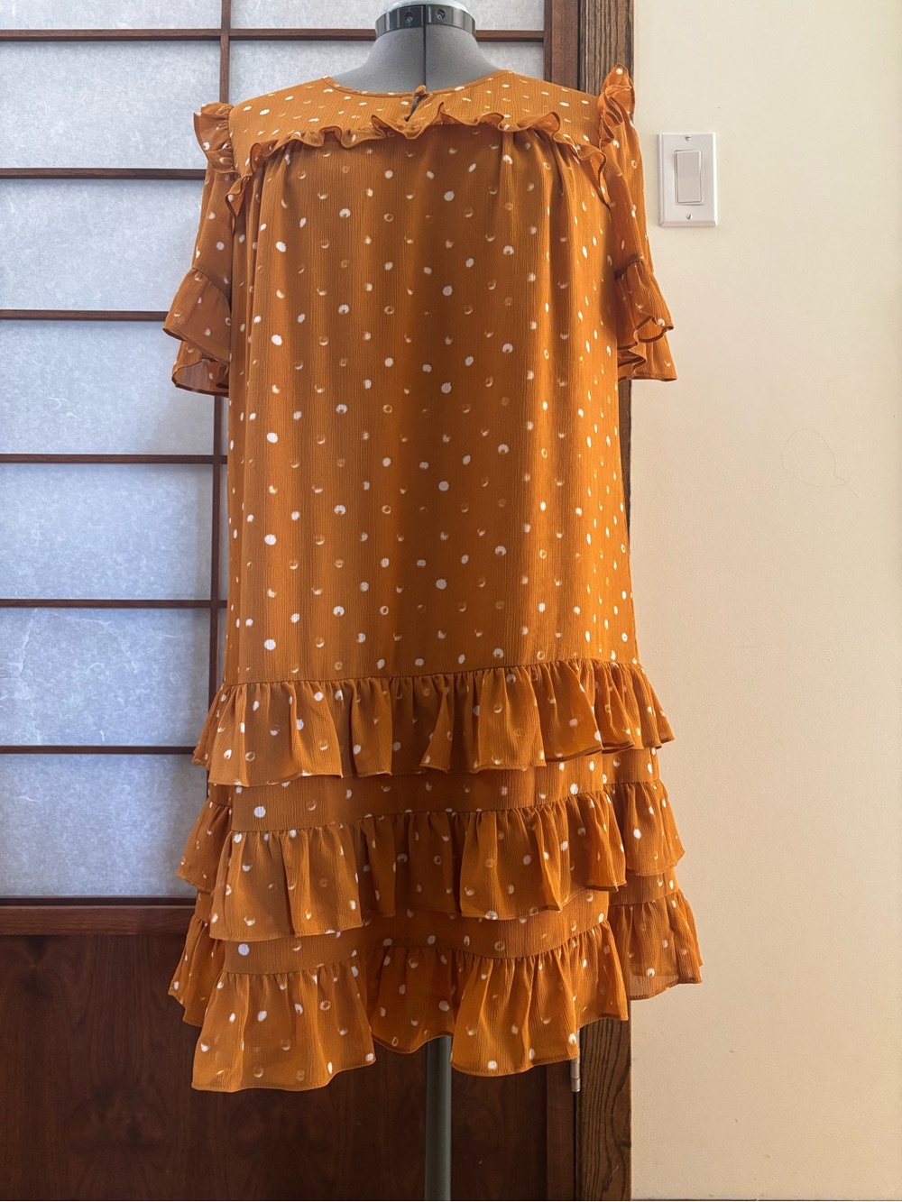 EUC Point Sur by J. Crew Mustard Polka Dot Ruffled Dress US 10